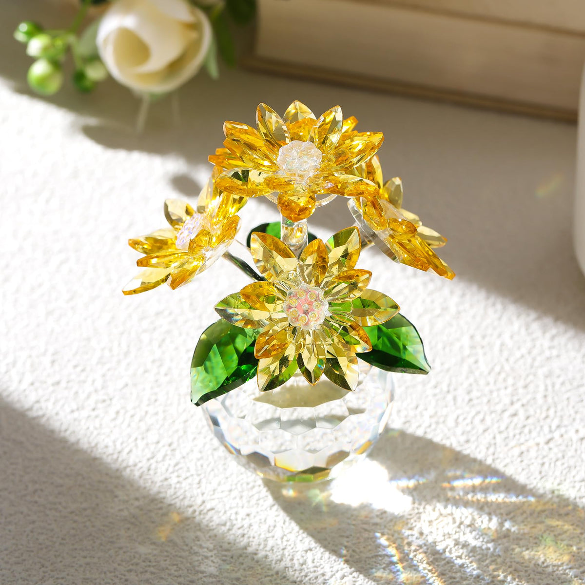 Ornalrist Crystal Yellow Daisy with green leaves radiates cheerful decor vibes