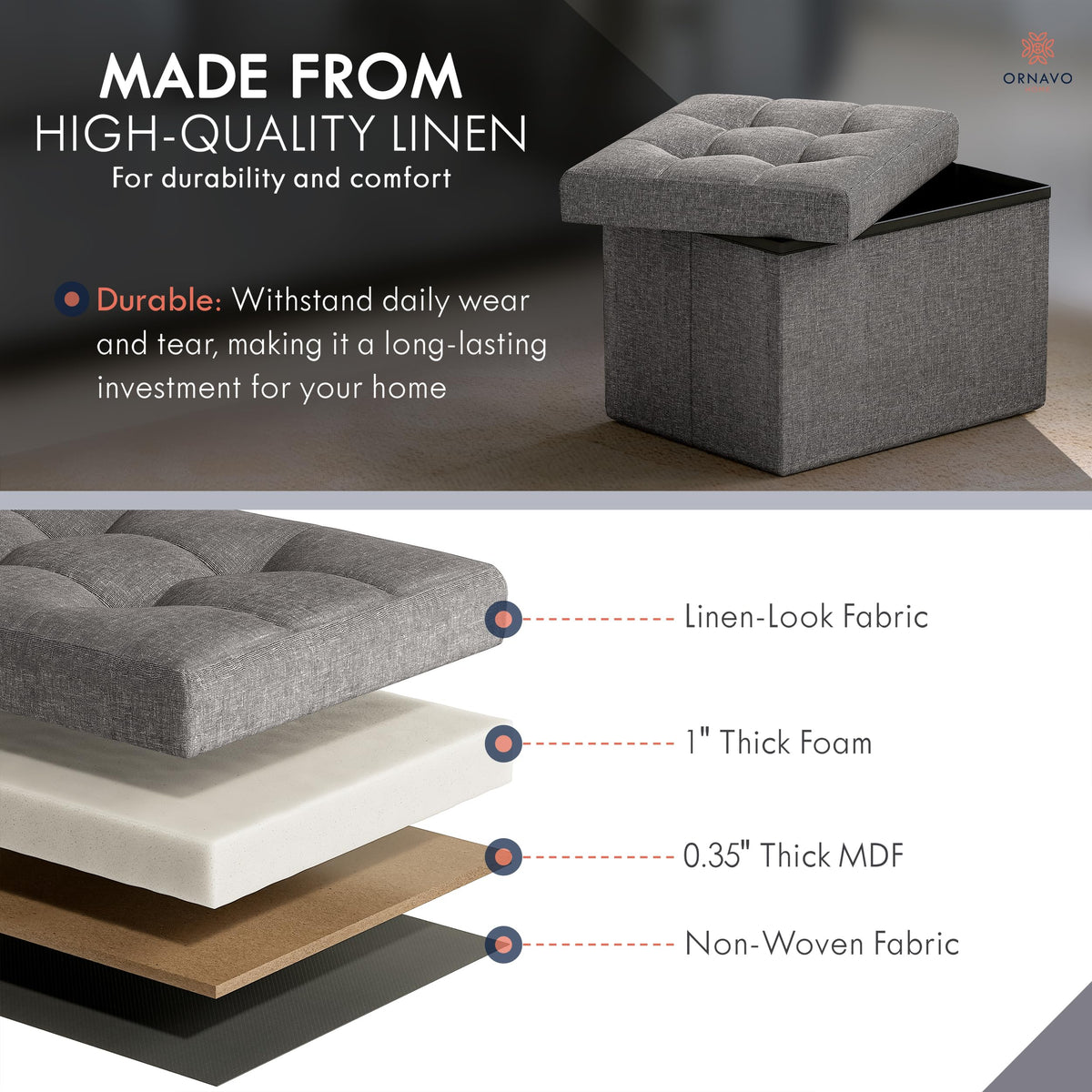 Ornavo Home dark gray ottoman fits modern living rooms.