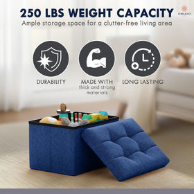 Ornavo Home navy blue linen ottoman used in a compact dorm setup.