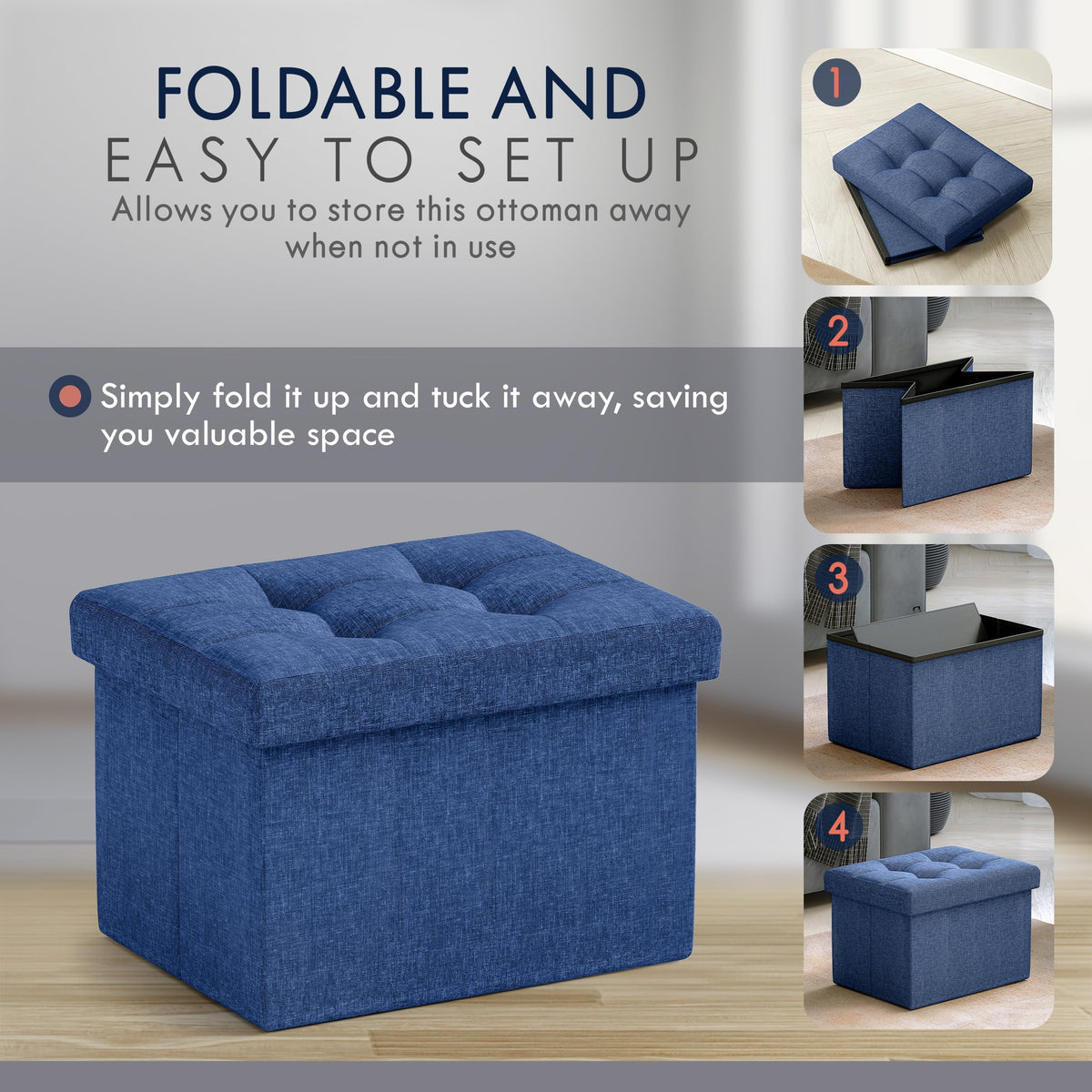 Ornavo Home navy blue foot rest ottoman used as extra seating.