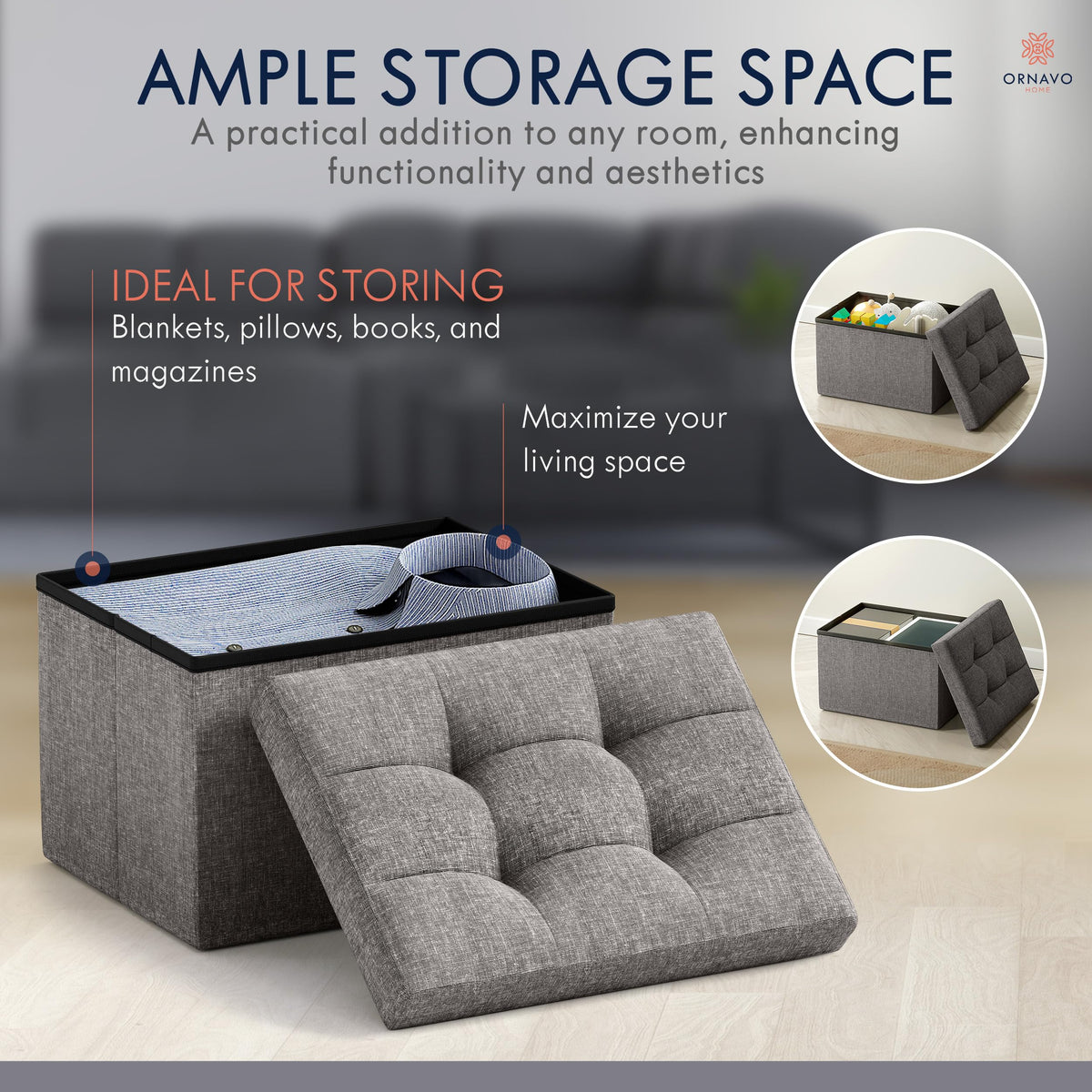 Ornavo Home linen fabric rectangle ottoman provides durable seating.