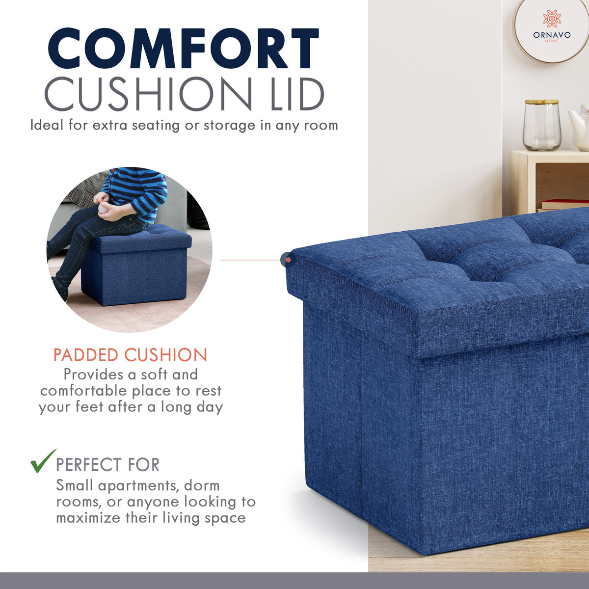 Ornavo Home dorm room compact ottoman navy blue beside sofa in living space.