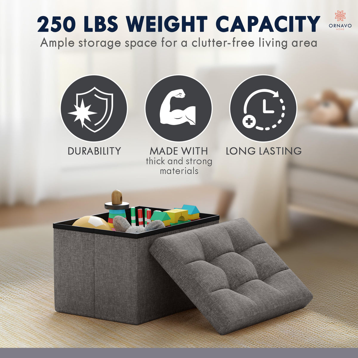 Ornavo Home multiuse ottoman serves as seating or storage.