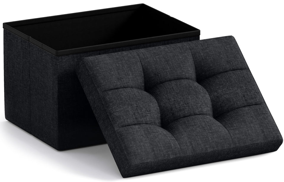 Ornavo Home small storage ottoman in black linen, compact and versatile for living rooms.