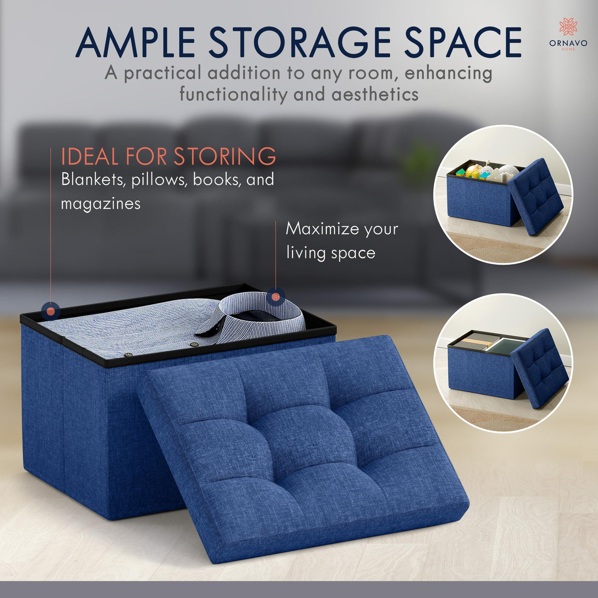 Ornavo Home ottoman navy blue interior storage shown for organization.