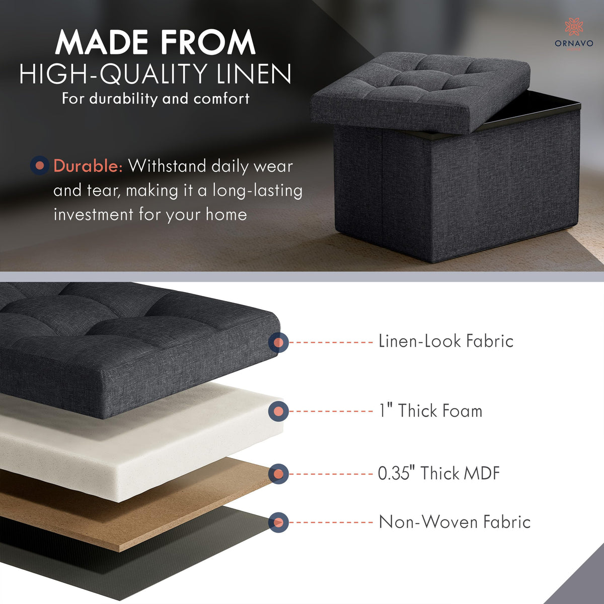 Durable linen fabric and sturdy frame support, ideal as footrest or extra seating.