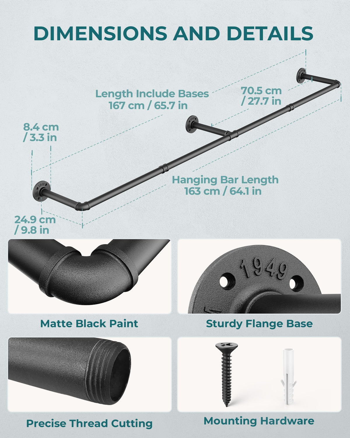 OROPY 65-7in pipe detail close-up showing durable cast iron pipes.