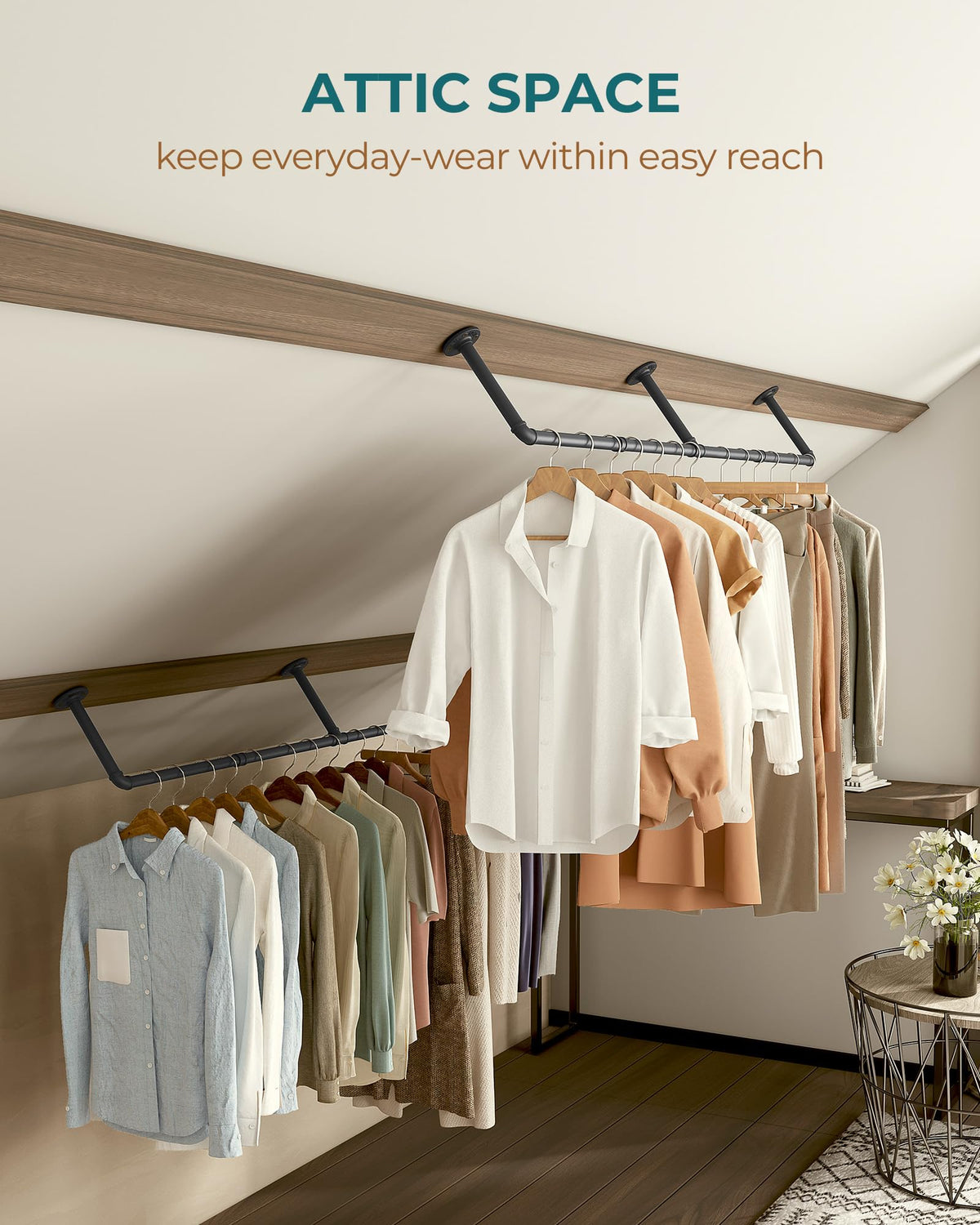 OROPY bedroom setup featuring rack for organized daily wear.