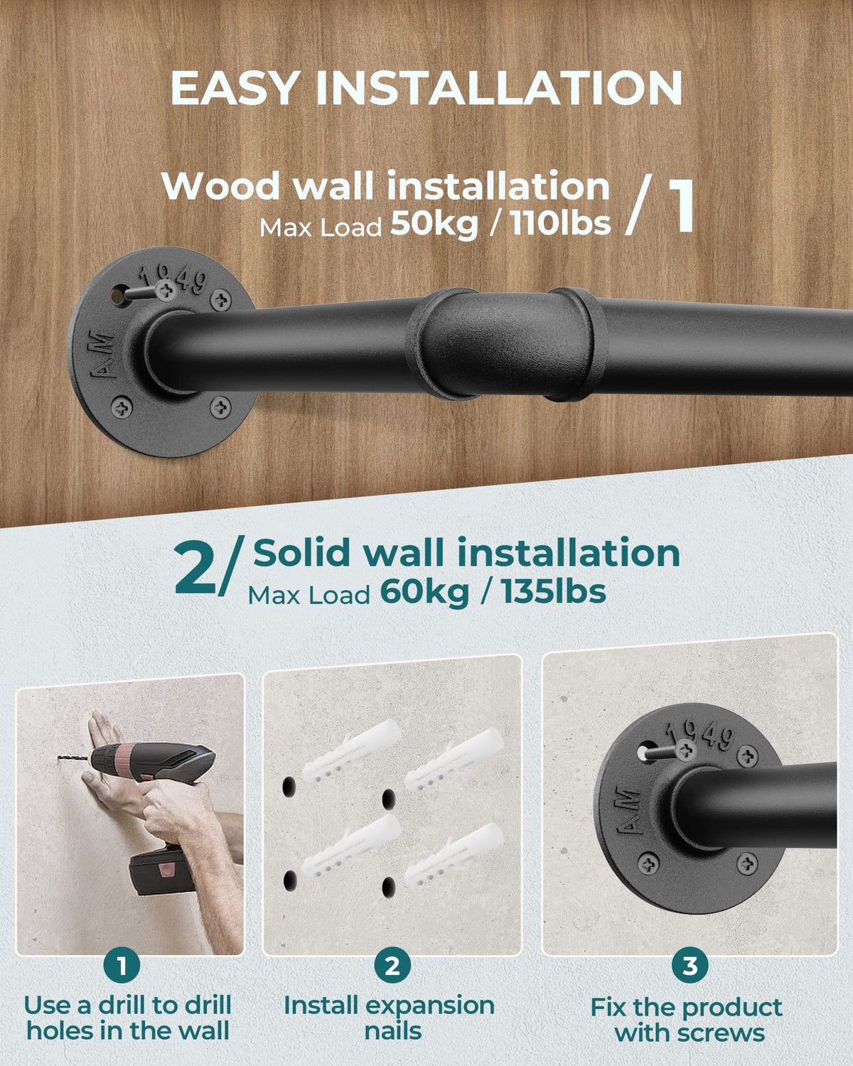 OROPY easy installation with included screws and anchors for solid walls.