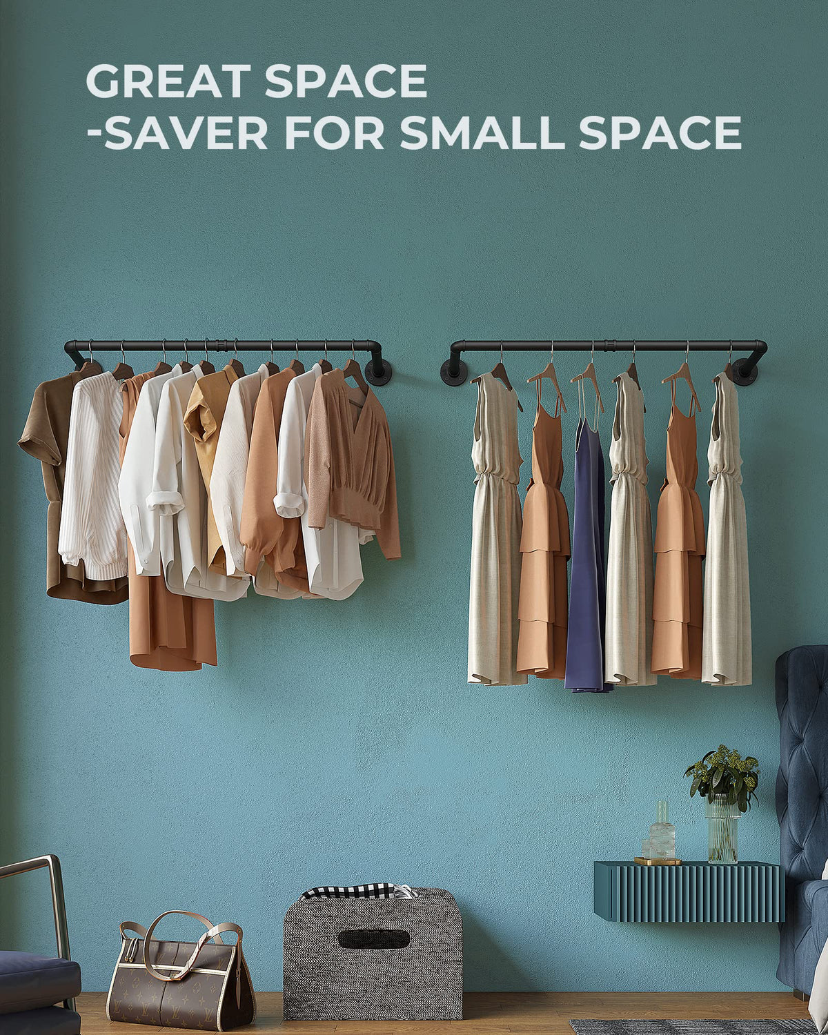 OROPY heavy-duty iron pipe rail holds up to 80 lbs for durable garment storage.