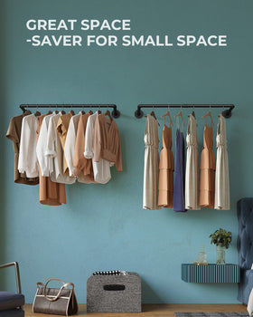 OROPY heavy-duty iron pipe rail holds up to 80 lbs for durable garment storage.