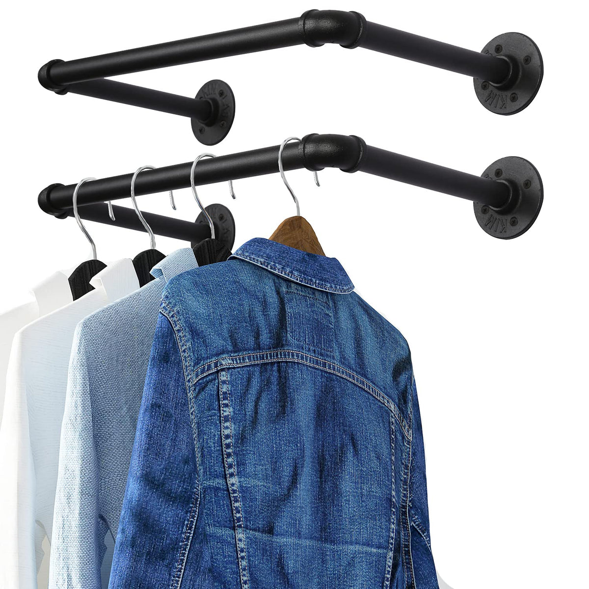 OROPY industrial pipe clothes rack front view demonstrates sturdy wall-mounted storage for coats and shirts