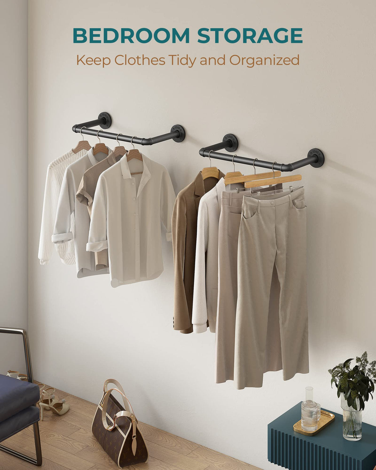 OROPY industrial pipe clothes rack side view highlights space-saving design for small spaces