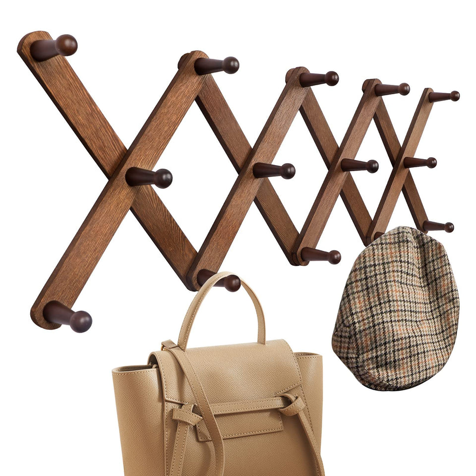 OROPY Wood Accordion Wall Hanger with 14 pegs for organized entryway storage.