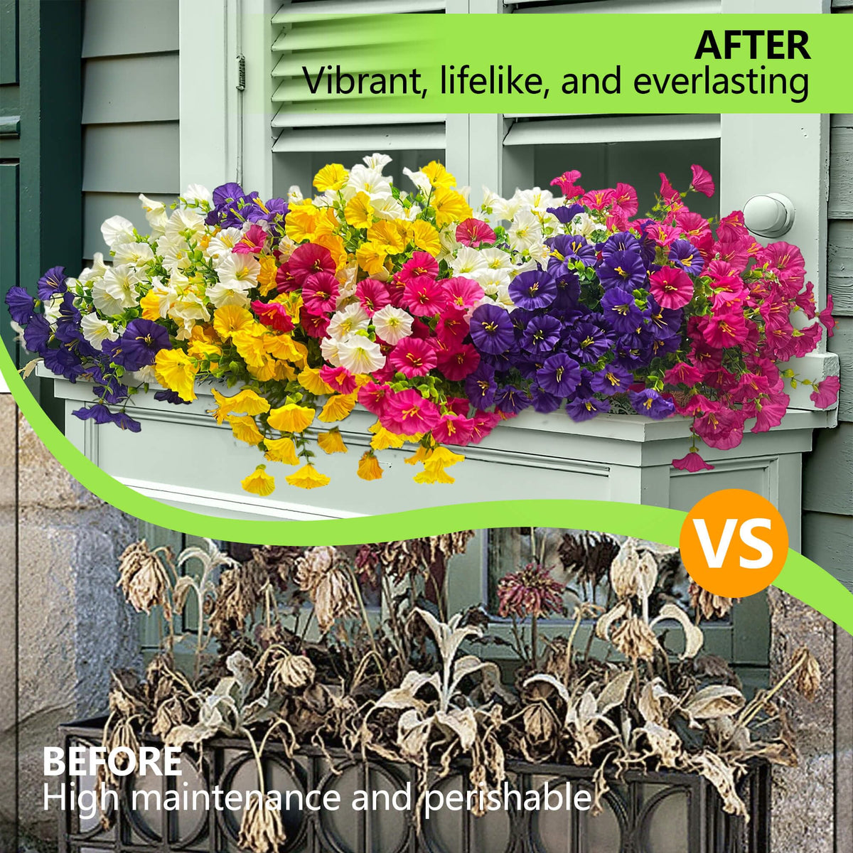 Orphidel morning glory artificial flowers brighten planters and window boxes.