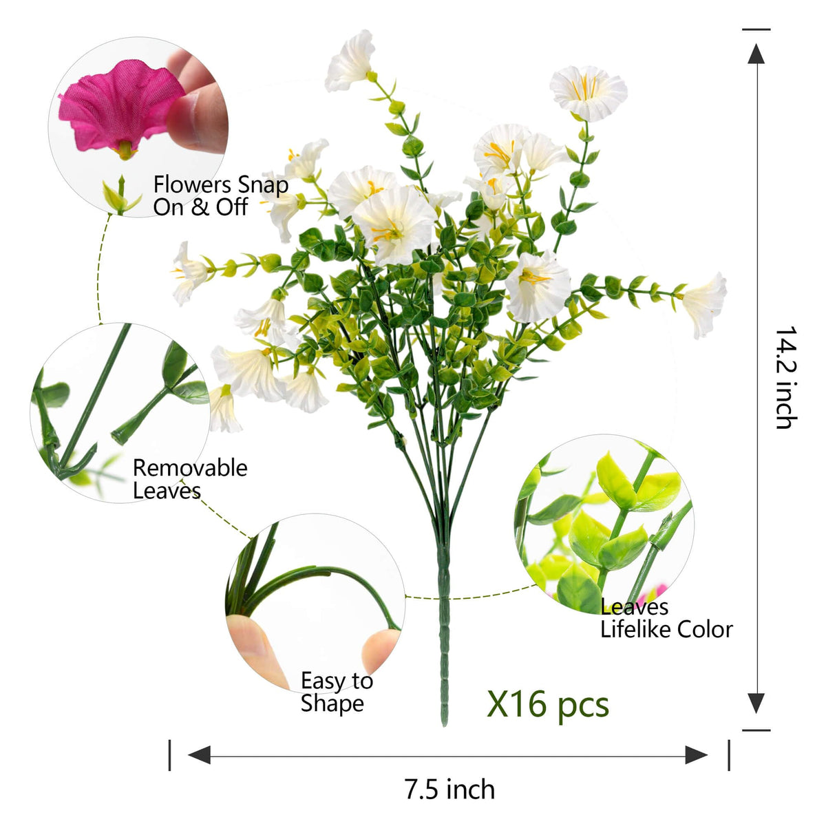 Orphidel white artificial flowers with green eucalyptus stems provide realistic, maintenance-free decor.