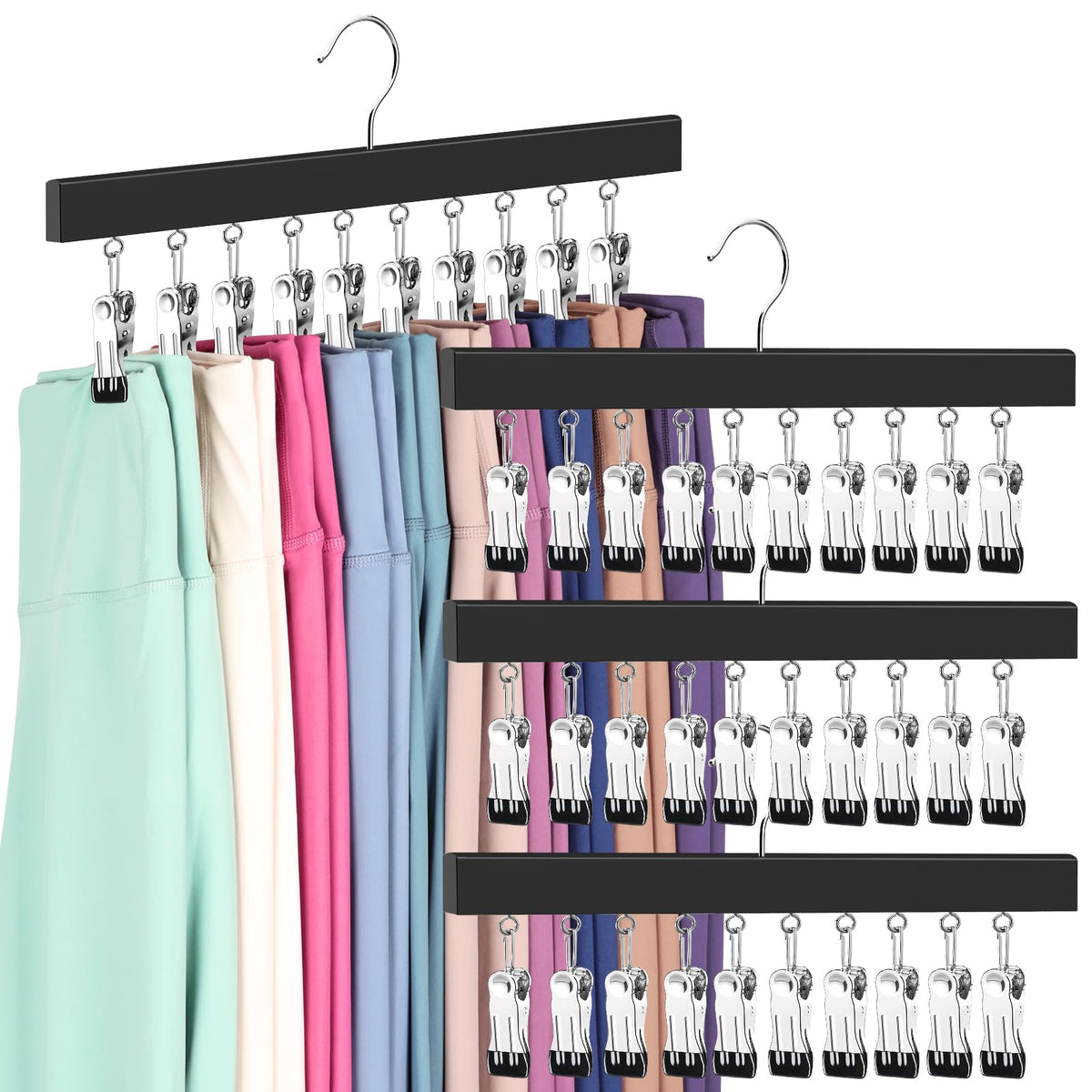 ORROENS legging organizer with wooden hangers and 360° rotation for space-saving wardrobes.