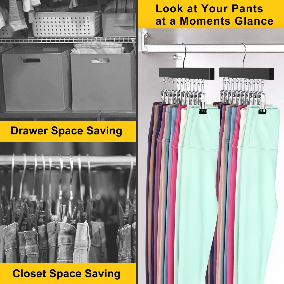 ORROENS yoga pants hangers with clips keep leggings in place.