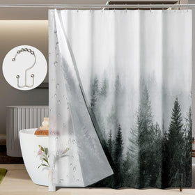 ORTIGIA forest shower curtain closeup showing durable fabric and bold motif