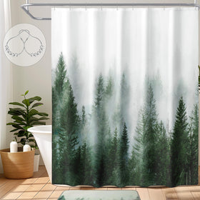 ORTIGIA misty forest curtain with forest detail for tranquil bathroom ambiance.