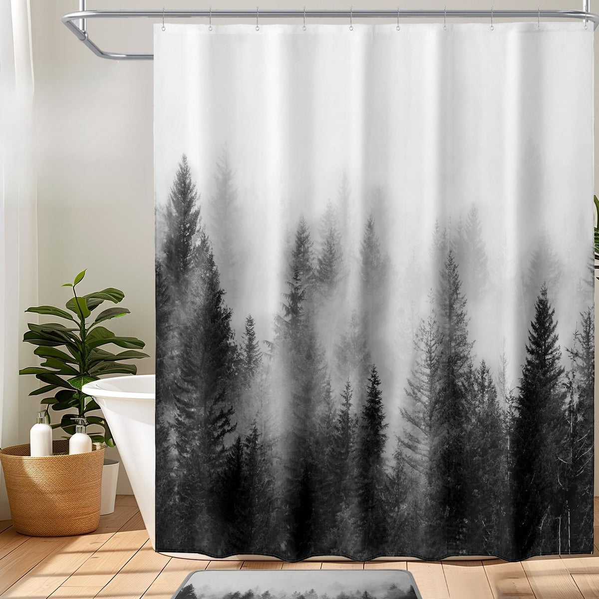 ORTIGIA misty forest shower curtain with pine tree scene creates a calm bathroom ambiance