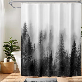 ORTIGIA misty forest shower curtain with pine tree scene creates a calm bathroom ambiance