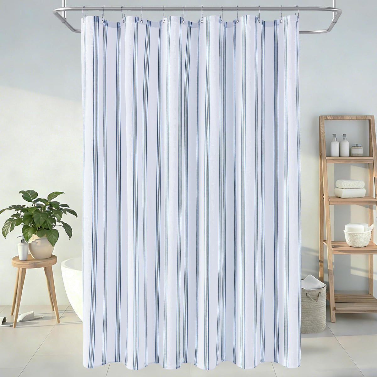 Water-repellent, quick-dry surface shown to keep the bath fresh.