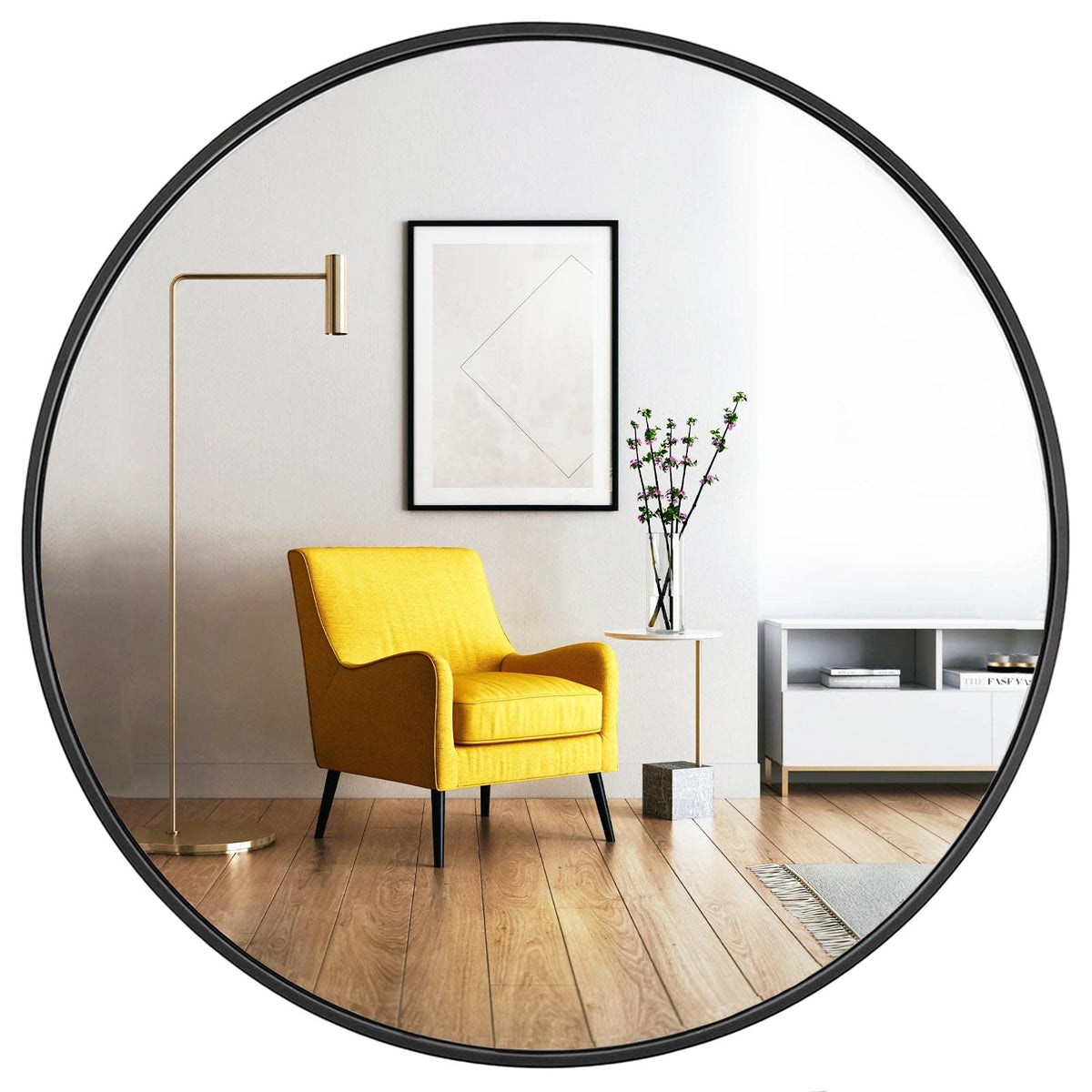 Oruii round mirror 24-inch with black frame provides a clear, true reflection for any room.