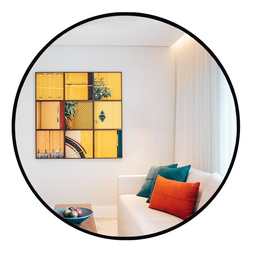 Oruii round mirror 28-inch black frame with clear reflection for any room
