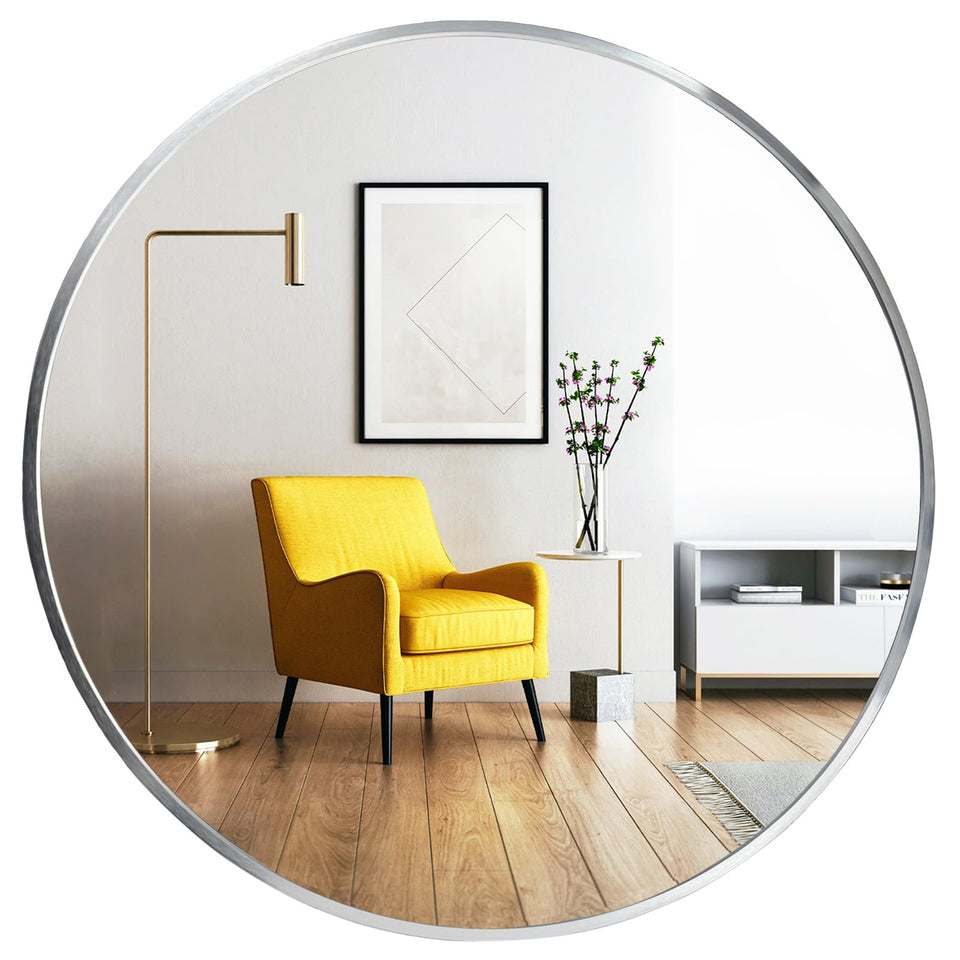 Oruii silver round mirror with 24-inch brushed nickel frame for clear reflection.