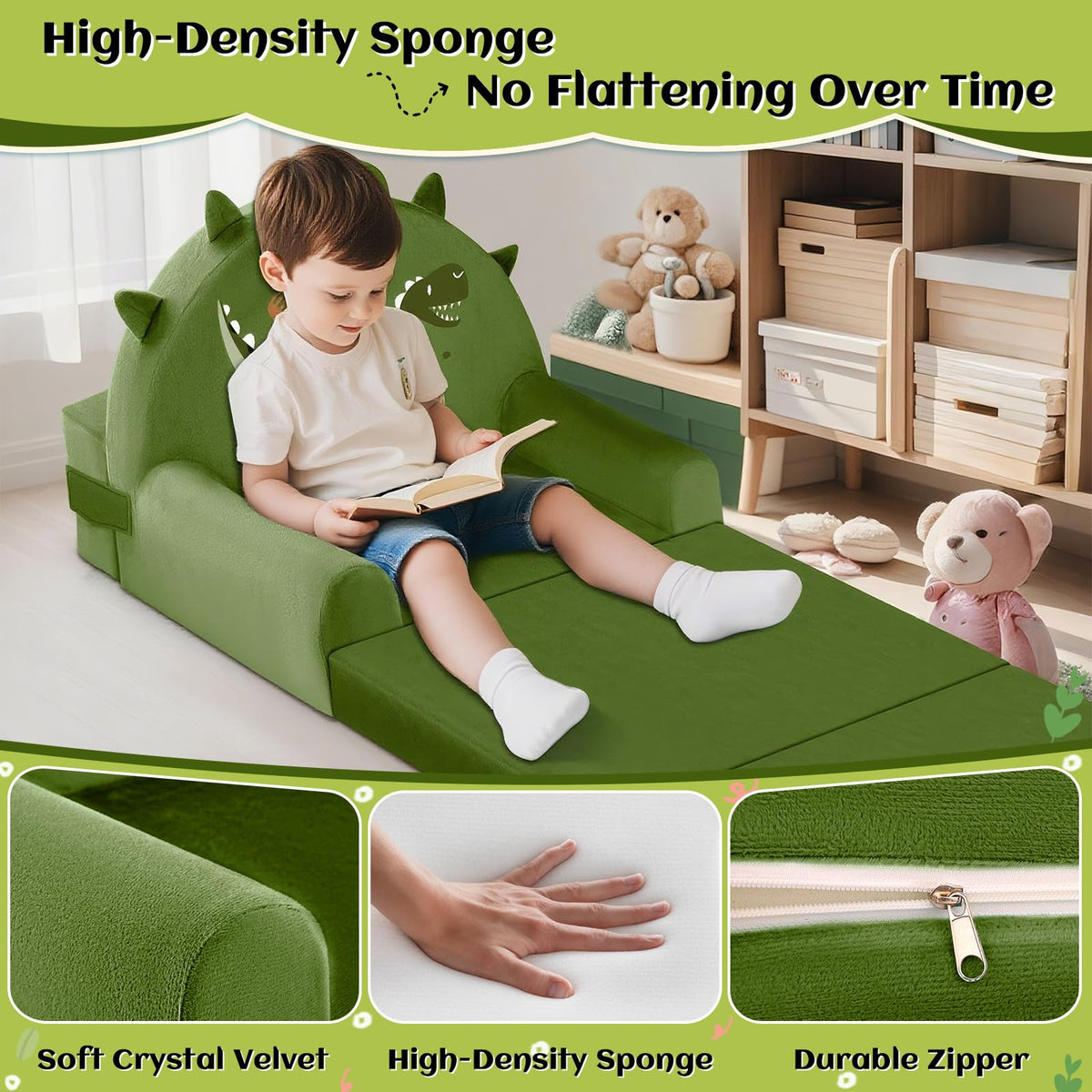 ORWIPO Dinosaur Kids Sofa Bed dino design suits playrooms and nurseries.