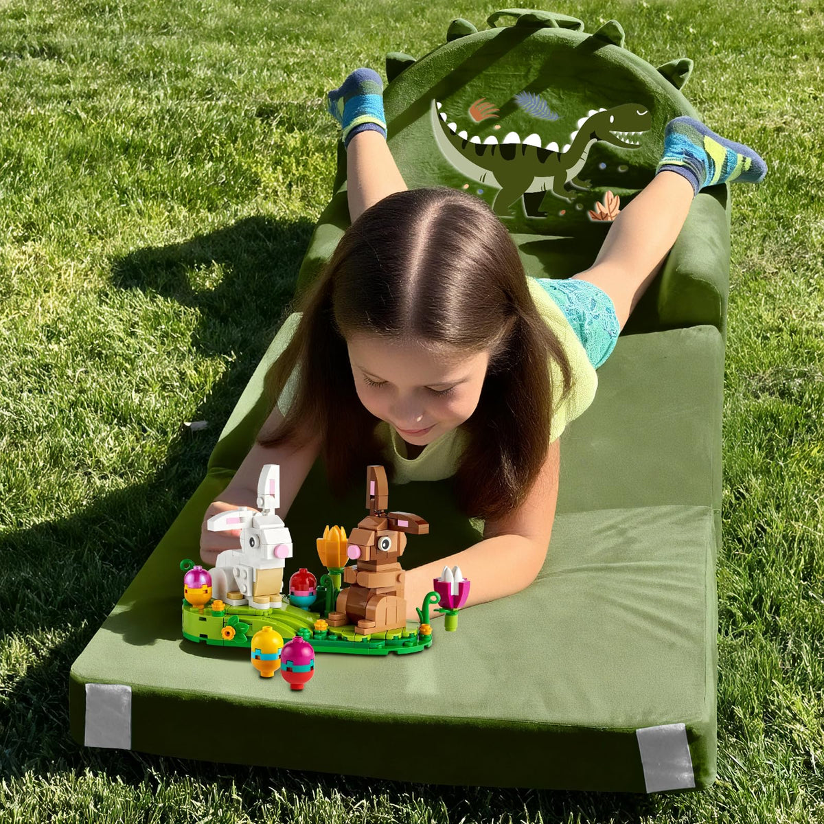 ORWIPO Dinosaur Kids Sofa Bed folded mode suggests easy storage for small spaces.