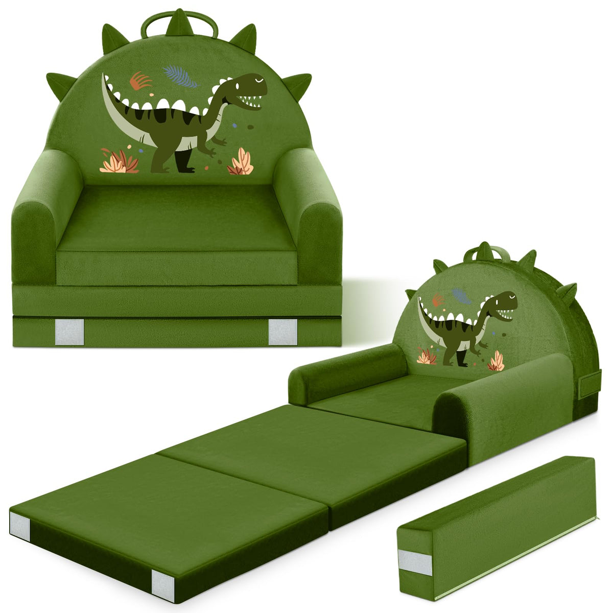ORWIPO Dinosaur Kids Sofa Bed front view shows plush velvet and kid-friendly comfort.