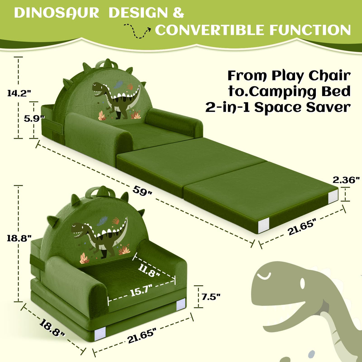 ORWIPO Dinosaur Kids Sofa Bed open mode demonstrates travel readiness.