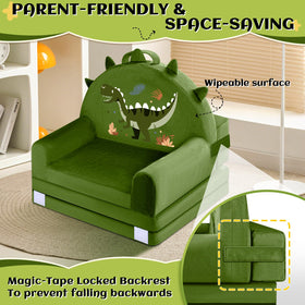 ORWIPO Dinosaur Kids Sofa Bed removable cover highlights mess-friendly cleaning.