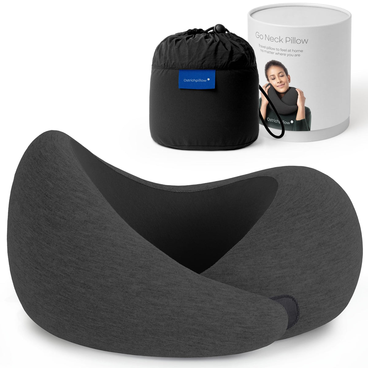 OSTRICH PILLOW Go neck pillow with 360° support for travel comfort.