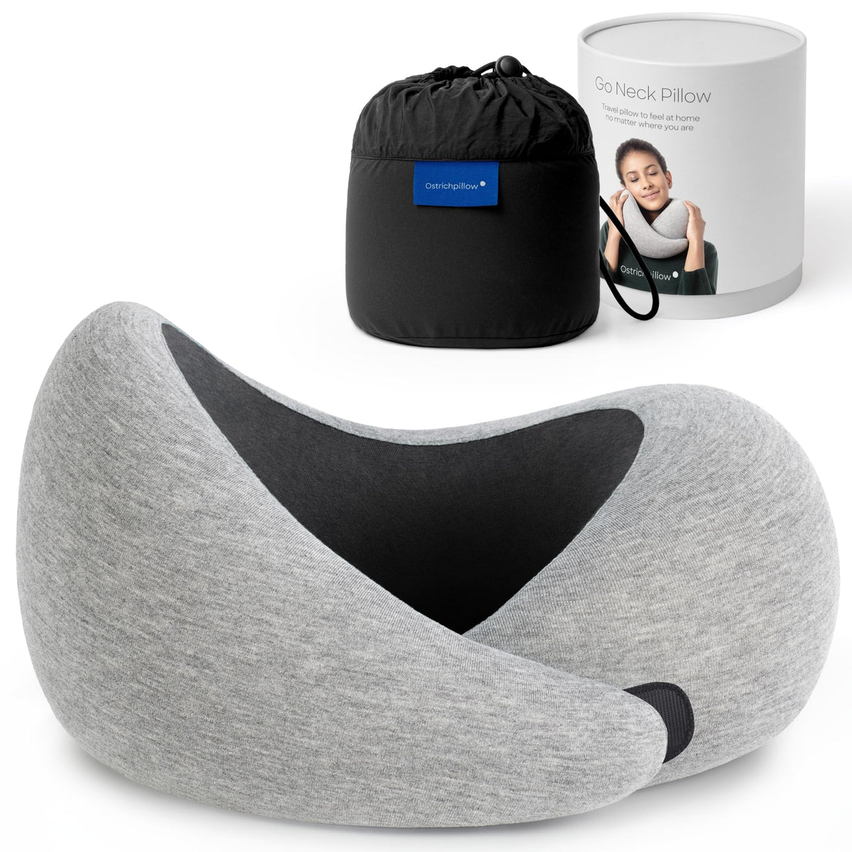 OSTRICH PILLOW Go neck pillow assembly offers ergonomic alignment for travel.