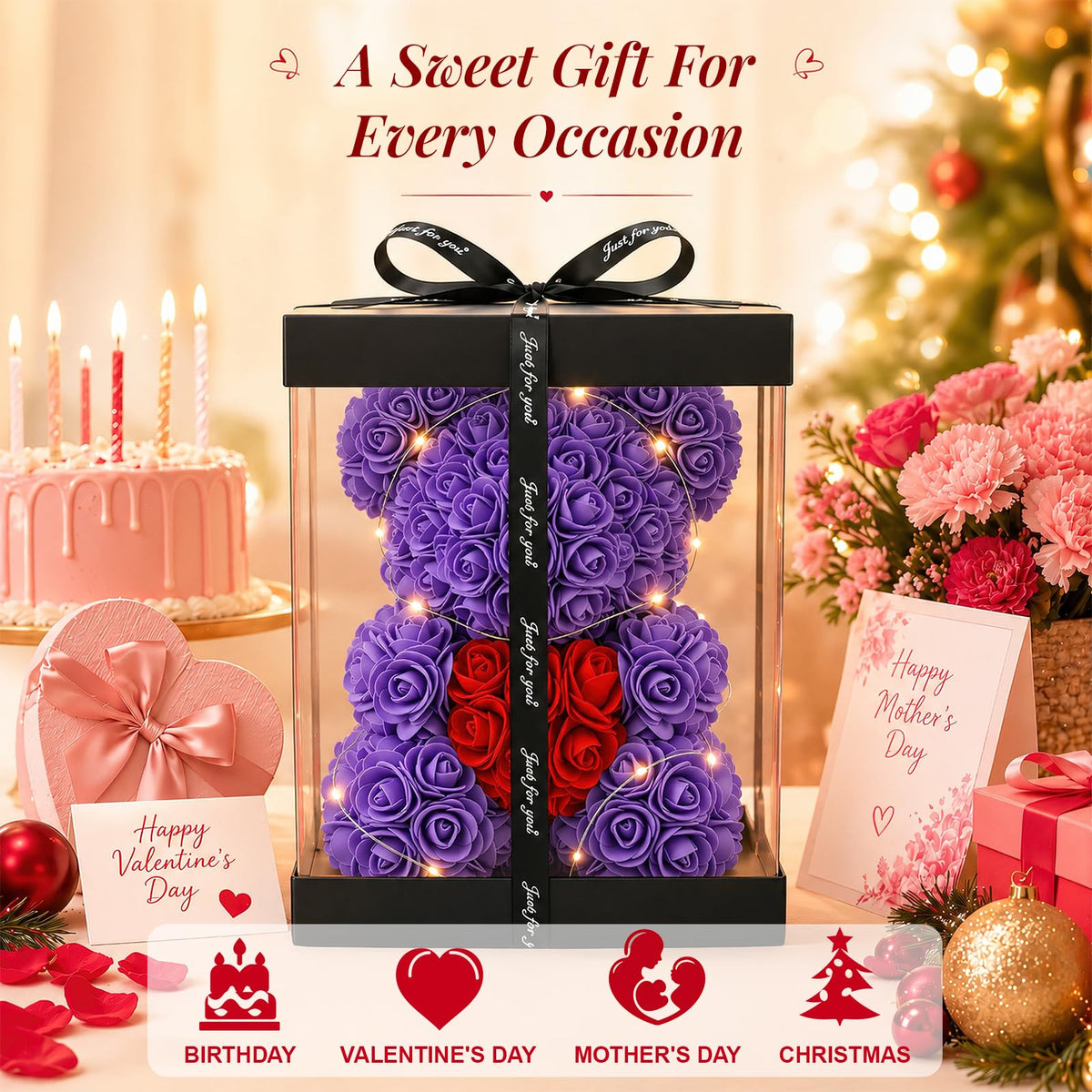 Otlonpe 9-inch purple rose bear with LED lights for ambient glow