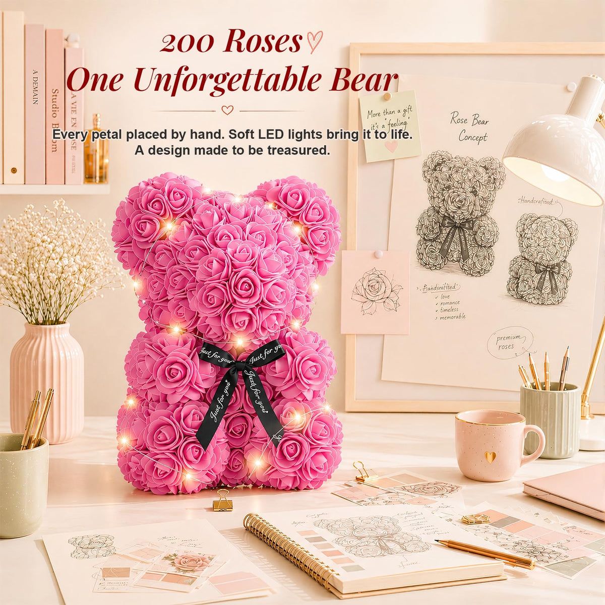 Otlonpe handcrafted rose bear highlights meticulous placement and craft.