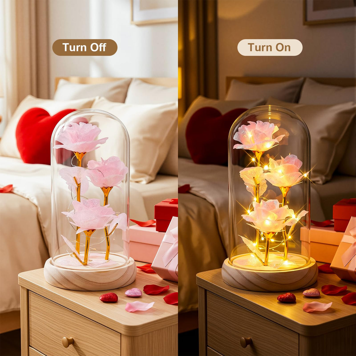 Otlonpe LED glow rose light adds cozy ambience to bedroom or desk.