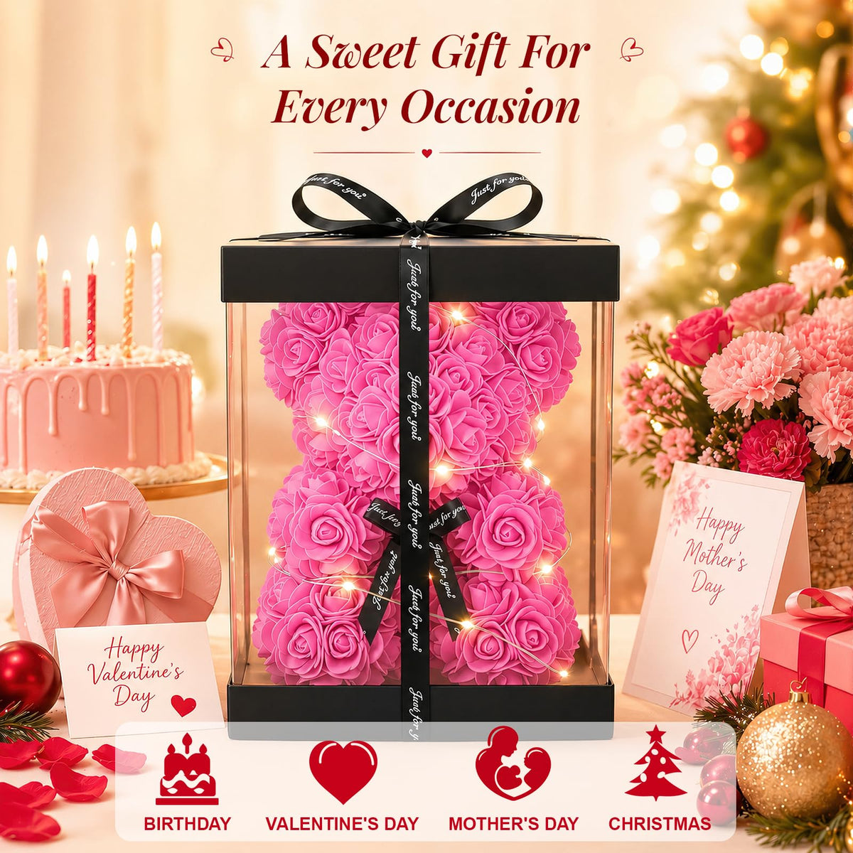 Otlonpe pink rose bear in gift box, ideal for birthdays or anniversaries.