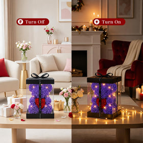 Purple rose bear in crystal gift box showcasing craftsmanship and transparency