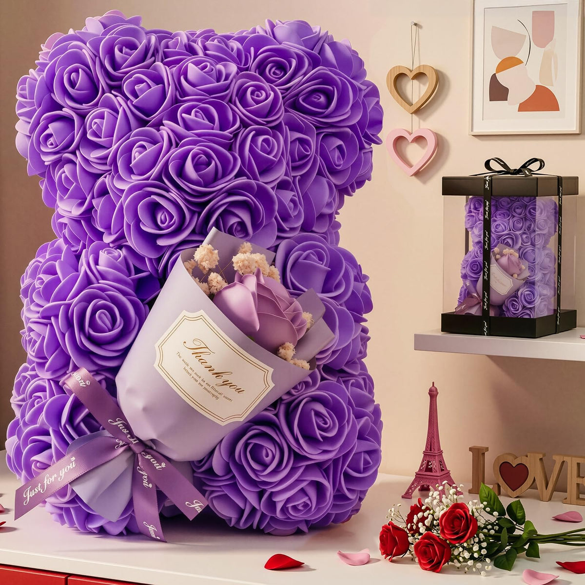 Otlonpe purple 9-inch rose bear with vivid, lasting roses