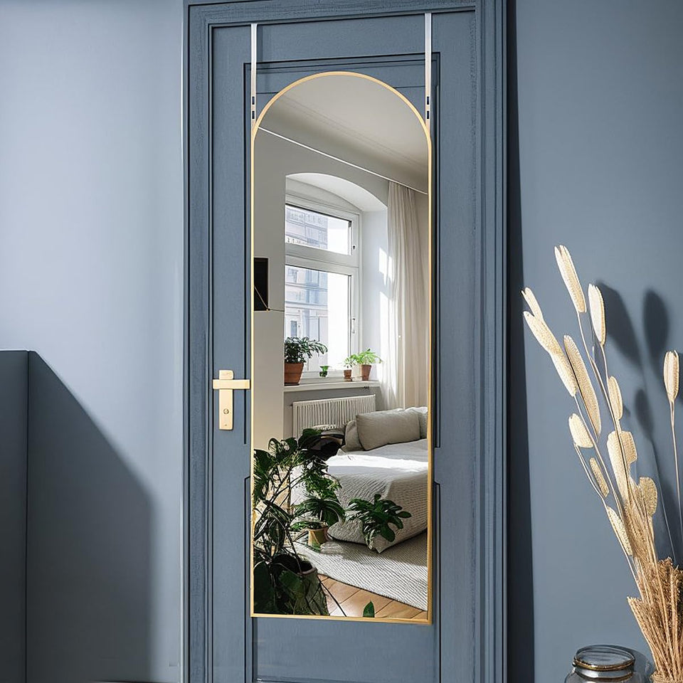 Otlsh arch wall mirror with gold over-door frame for space saving.