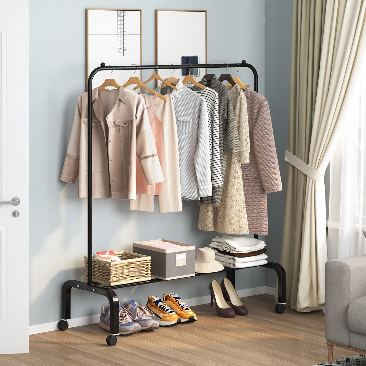 OTROUWORHT clothes rack bottom shelf supports shoes or boxes.