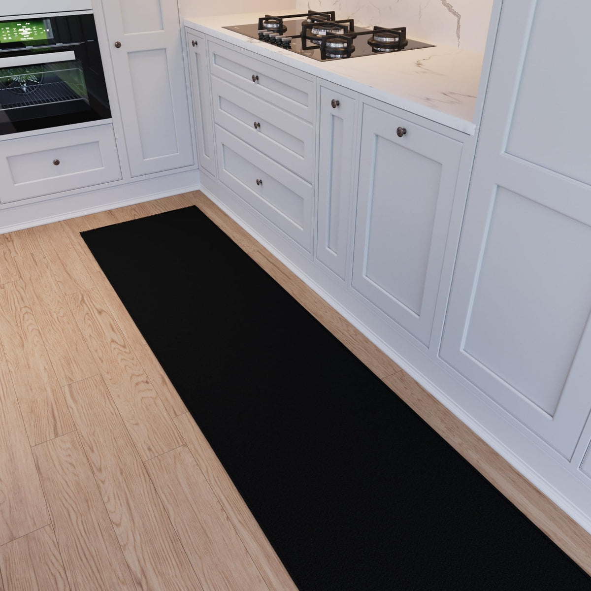Ottomanson entryway and living room setup with a versatile black rug.