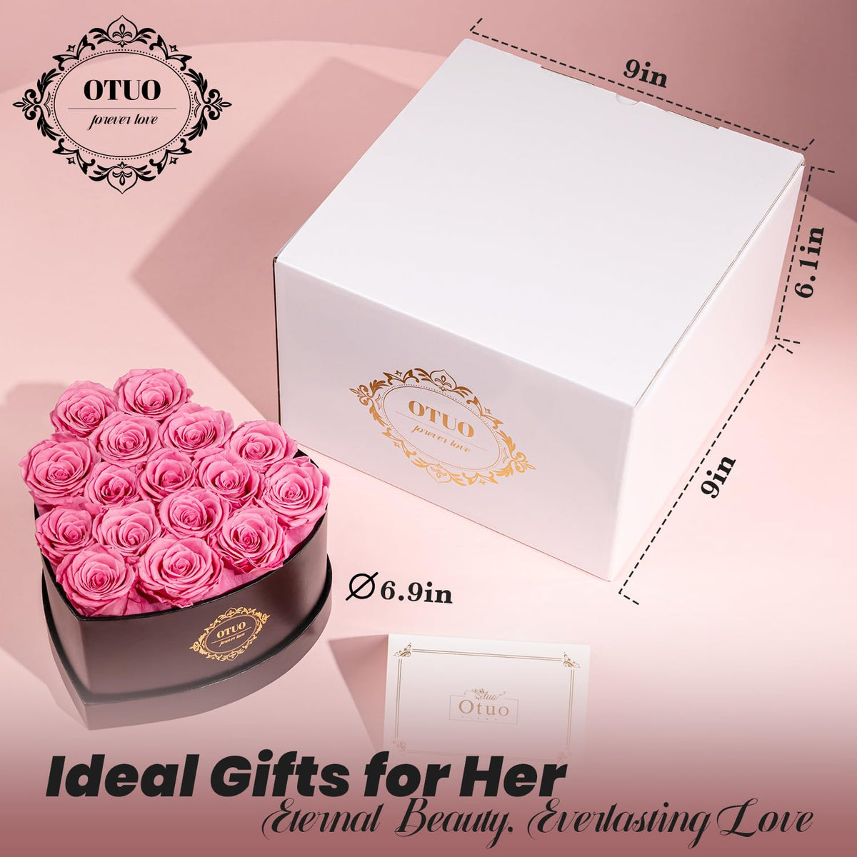Otuo heart-shaped box with preserved roses in pink, elegant centerpiece.