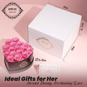 Otuo heart-shaped box with preserved roses in pink, elegant centerpiece.