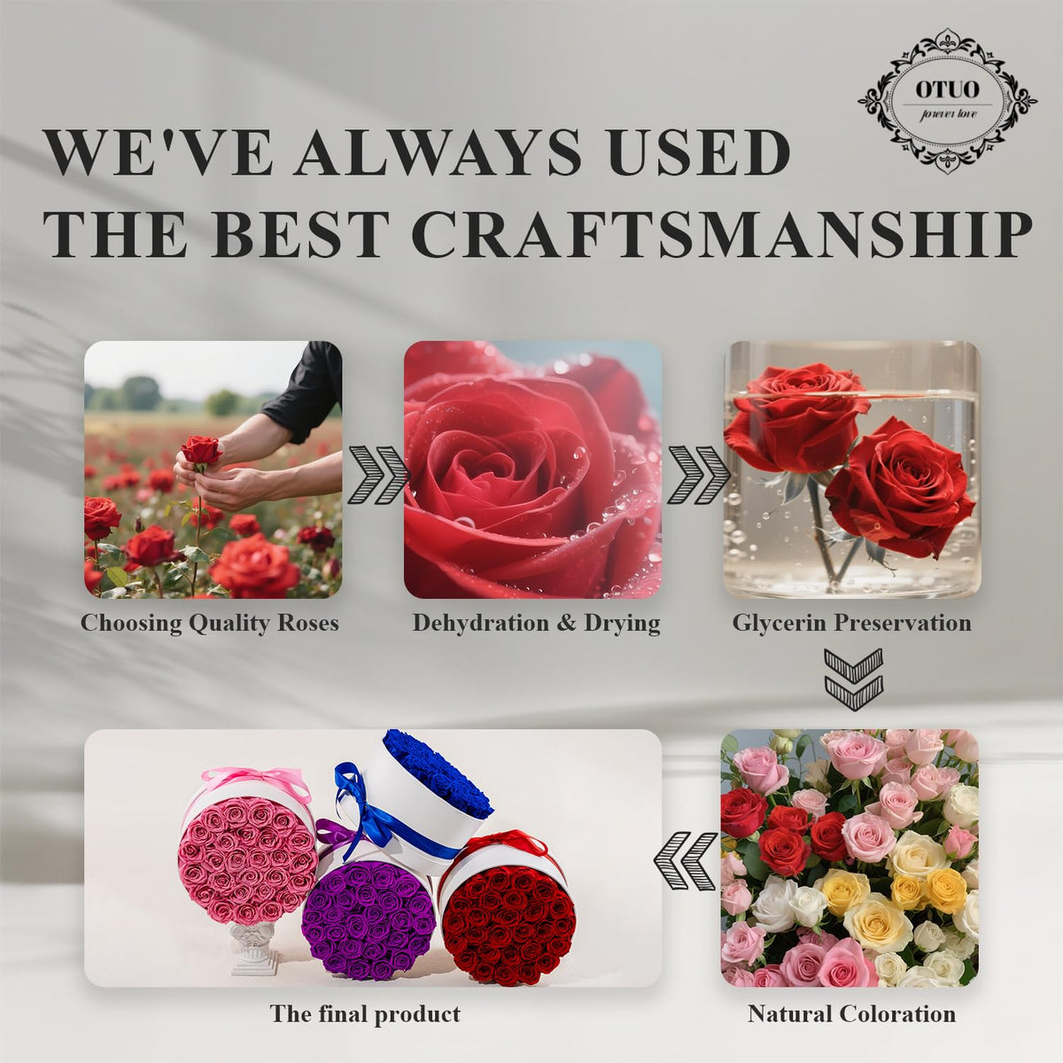 Otuo handmade preserved rose detail highlights artisan craftsmanship.