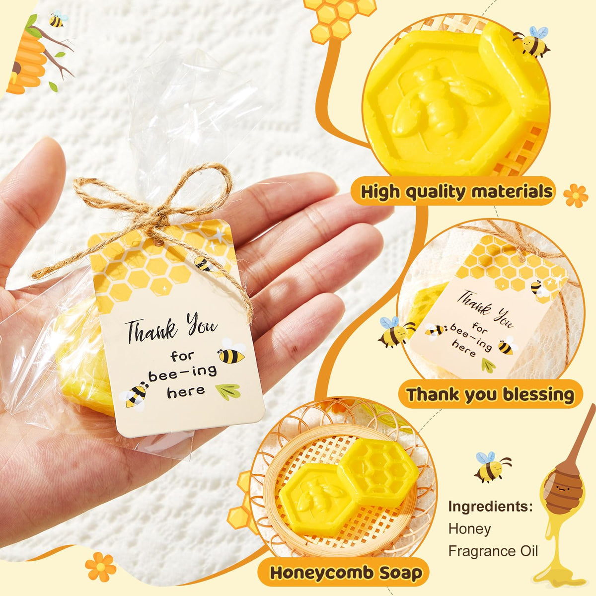 Otuuz thank you card bundle shown beside honey soap for guest gifts.